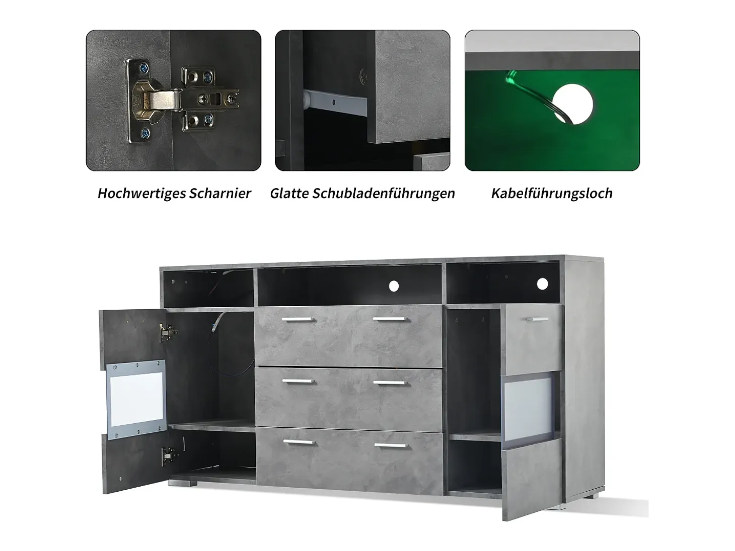 Aparador con iluminación LED, 2 puertas acrílicas y 3 cajones - Gris