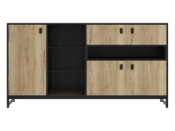 Aparador con iluminación LED, 2 cajones y 3 puertas - Estantes de cristal abiertos - Acabado madera y negro