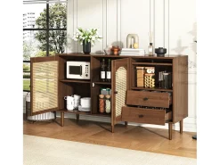 Aparador con inserto de ratán - Cómoda moderna con 3 puertas y 2 cajones irregulares - Madera oscura