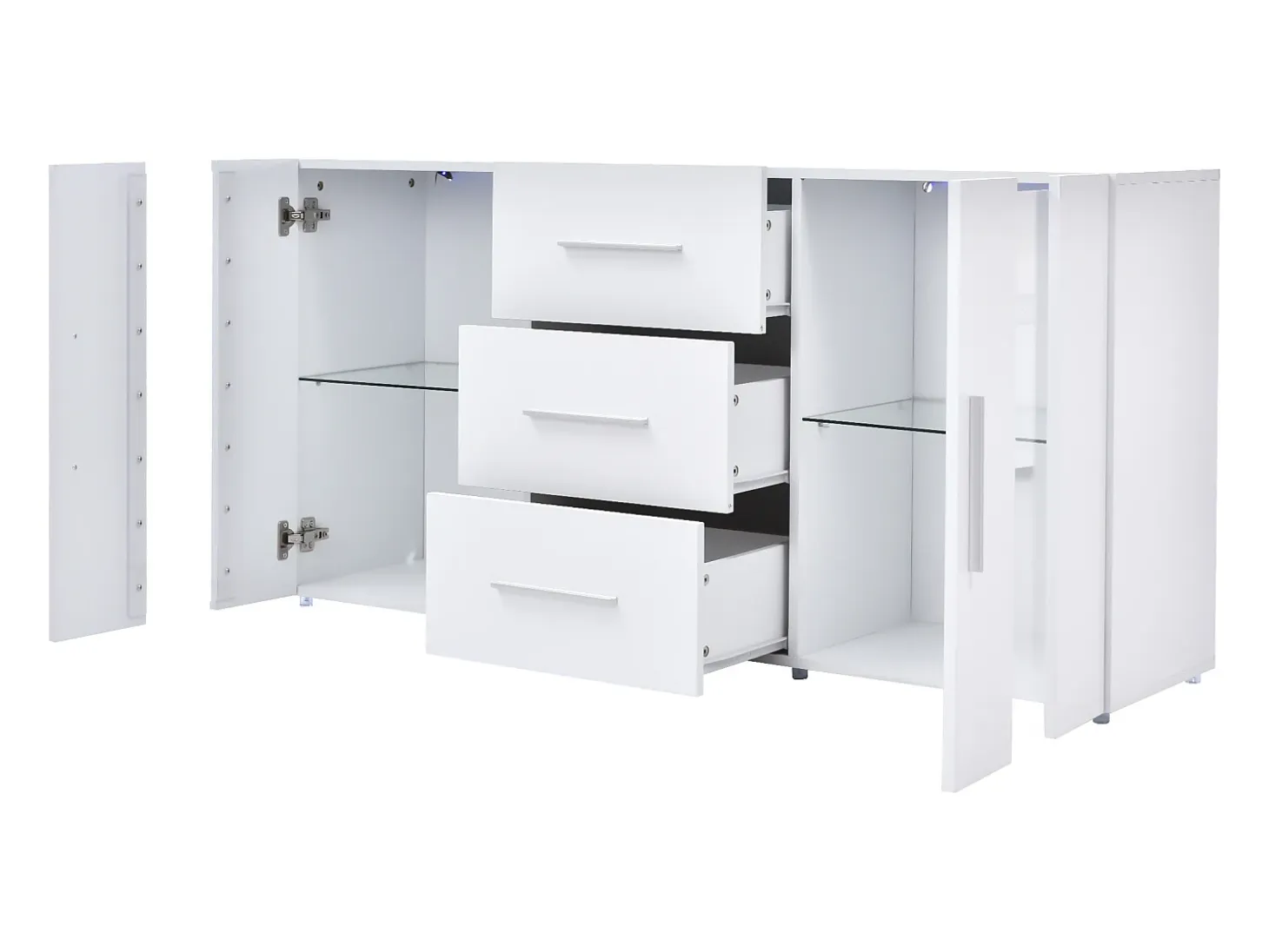 Aparador con luces LED, 2 puertas y 3 cajones - Madera MDF - Blanco