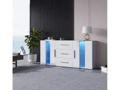 Aparador con luces LED, 2 puertas y 3 cajones - Madera MDF - Blanco