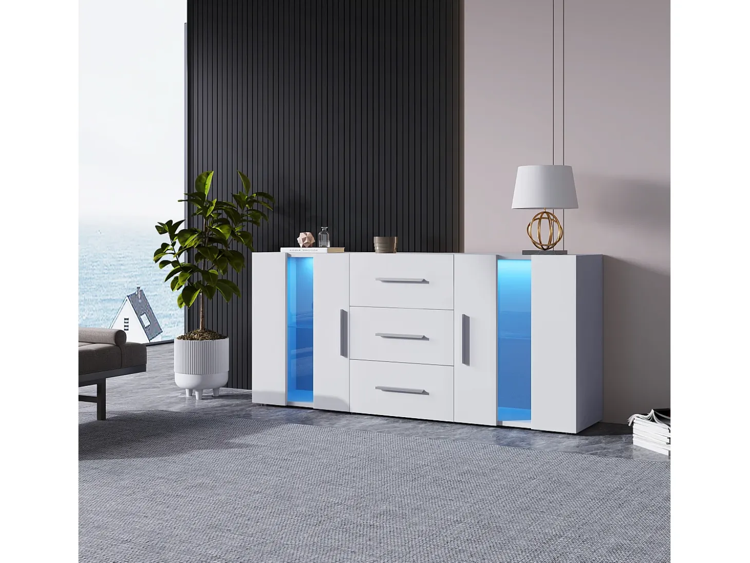 Aparador con luces LED, 2 puertas y 3 cajones - Madera MDF - Blanco