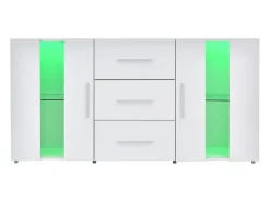 Aparador con luces LED, 2 puertas y 3 cajones - Madera MDF - Blanco