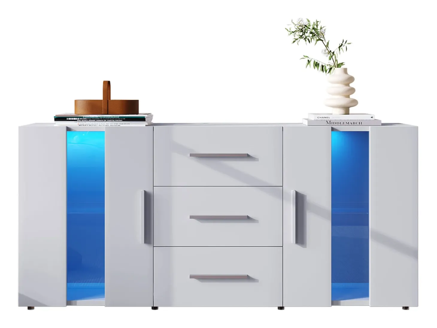 Aparador con luces LED, 2 puertas y 3 cajones - Madera MDF - Blanco