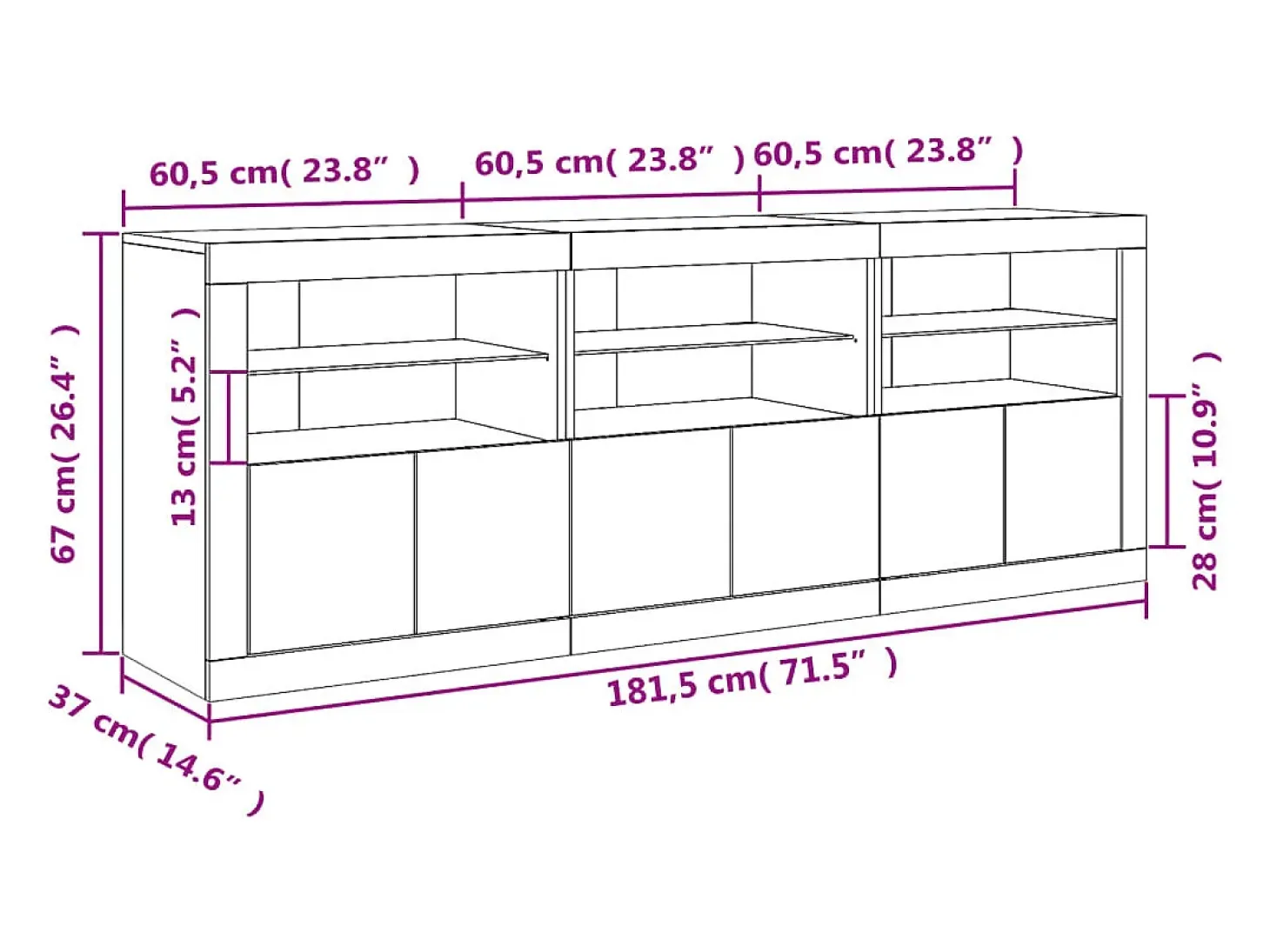 Aparador con luces LED blanco 181,5x37x67 cm