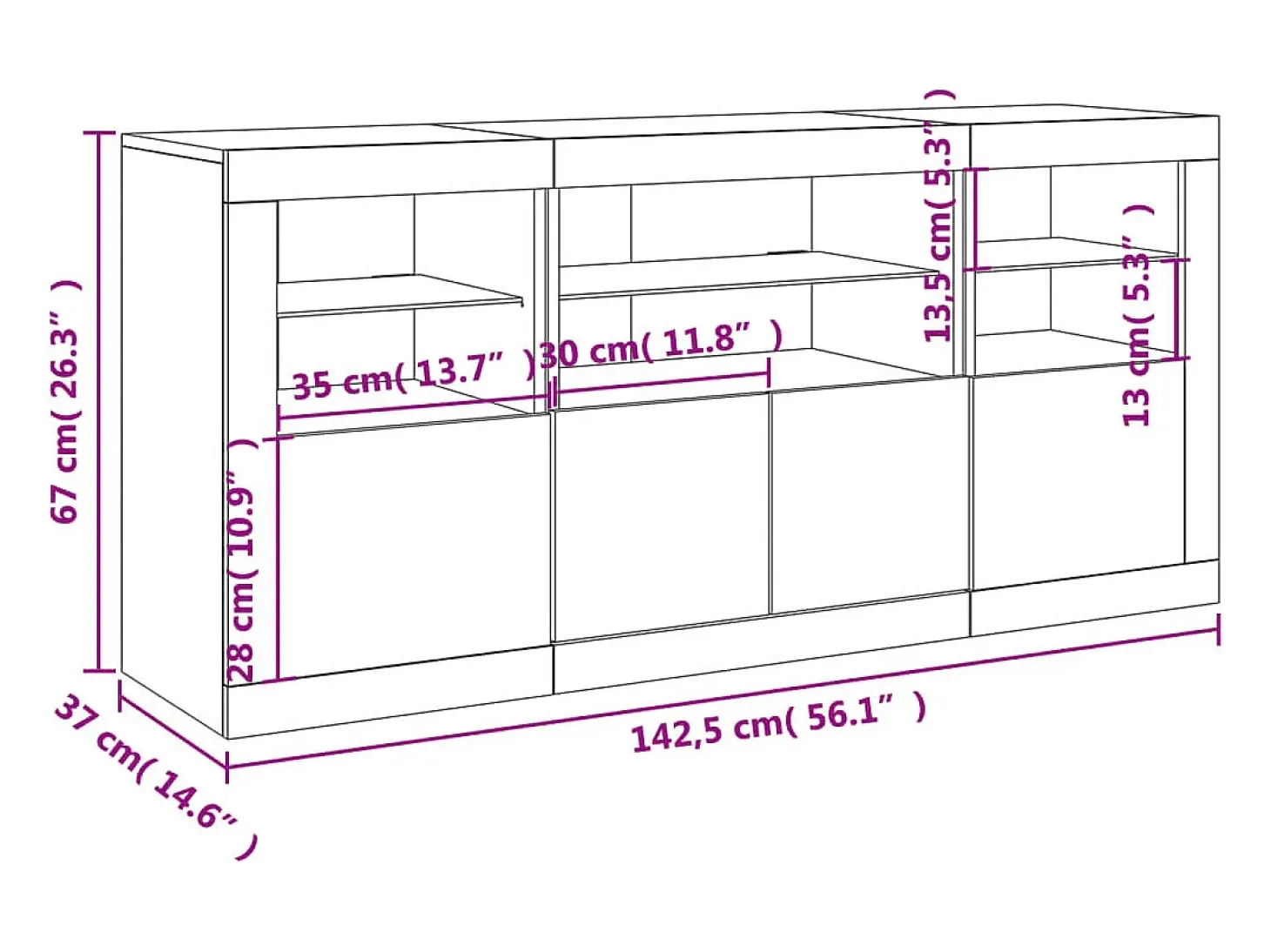 Aparador con luces LED blanco 142,5x37x67 cm