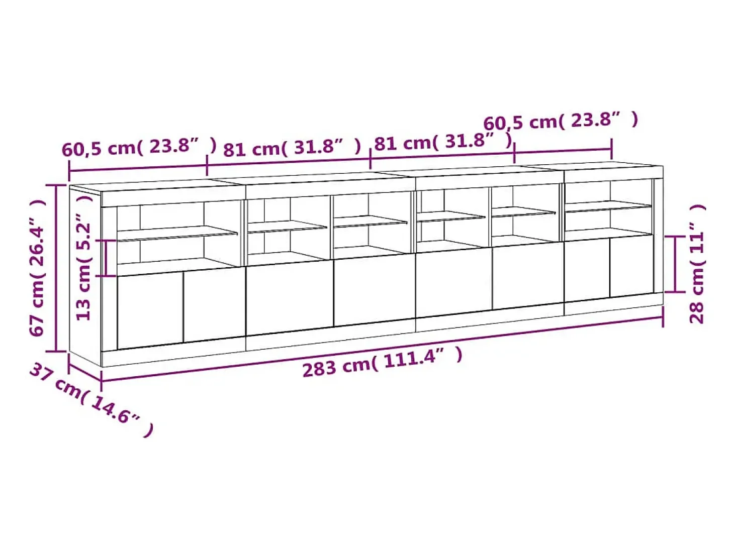 Aparador con luces LED roble Sonoma 283x37x67 cm
