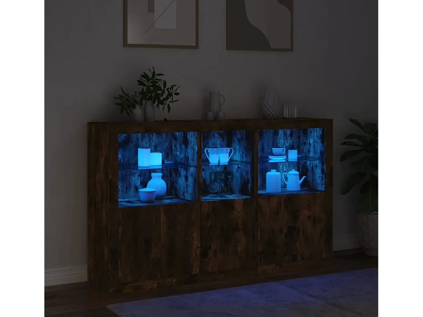 Aparador con luces LED roble ahumado 162x37x100 cm ES493215