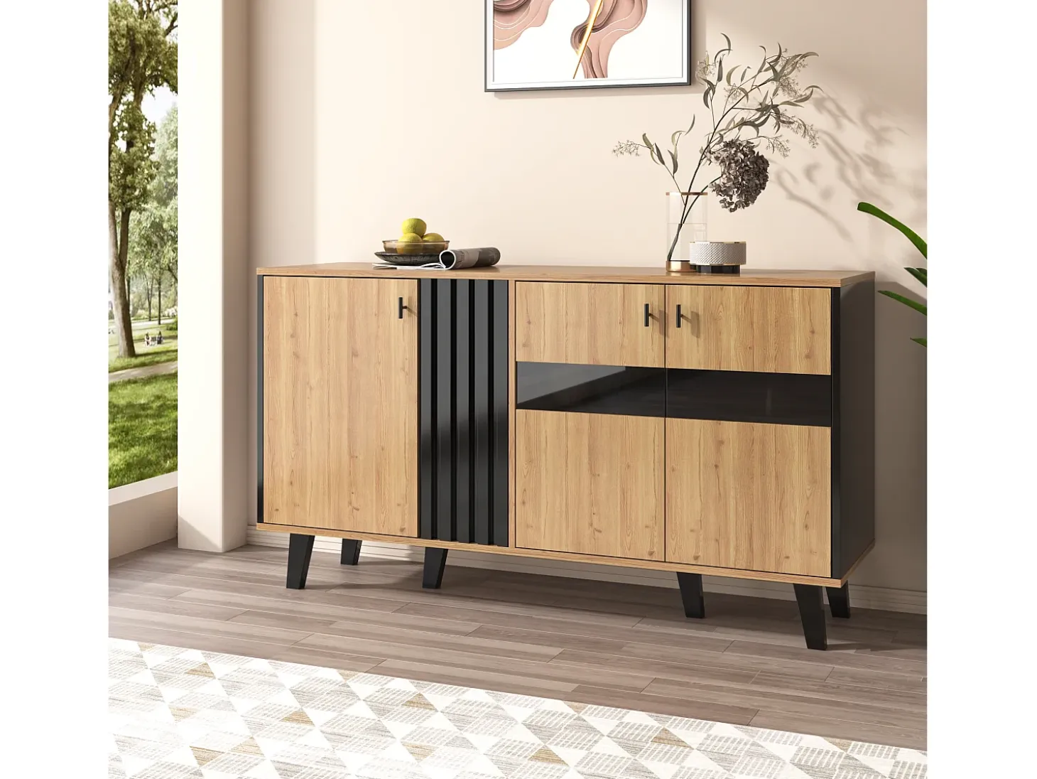 Aparador con luz LED - Cómoda moderna de 3 puertas con cristal - Color madera