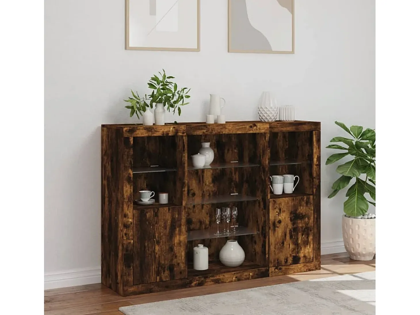 Aparador con luz LED 3 piezas madera de ingeniería roble ahumado