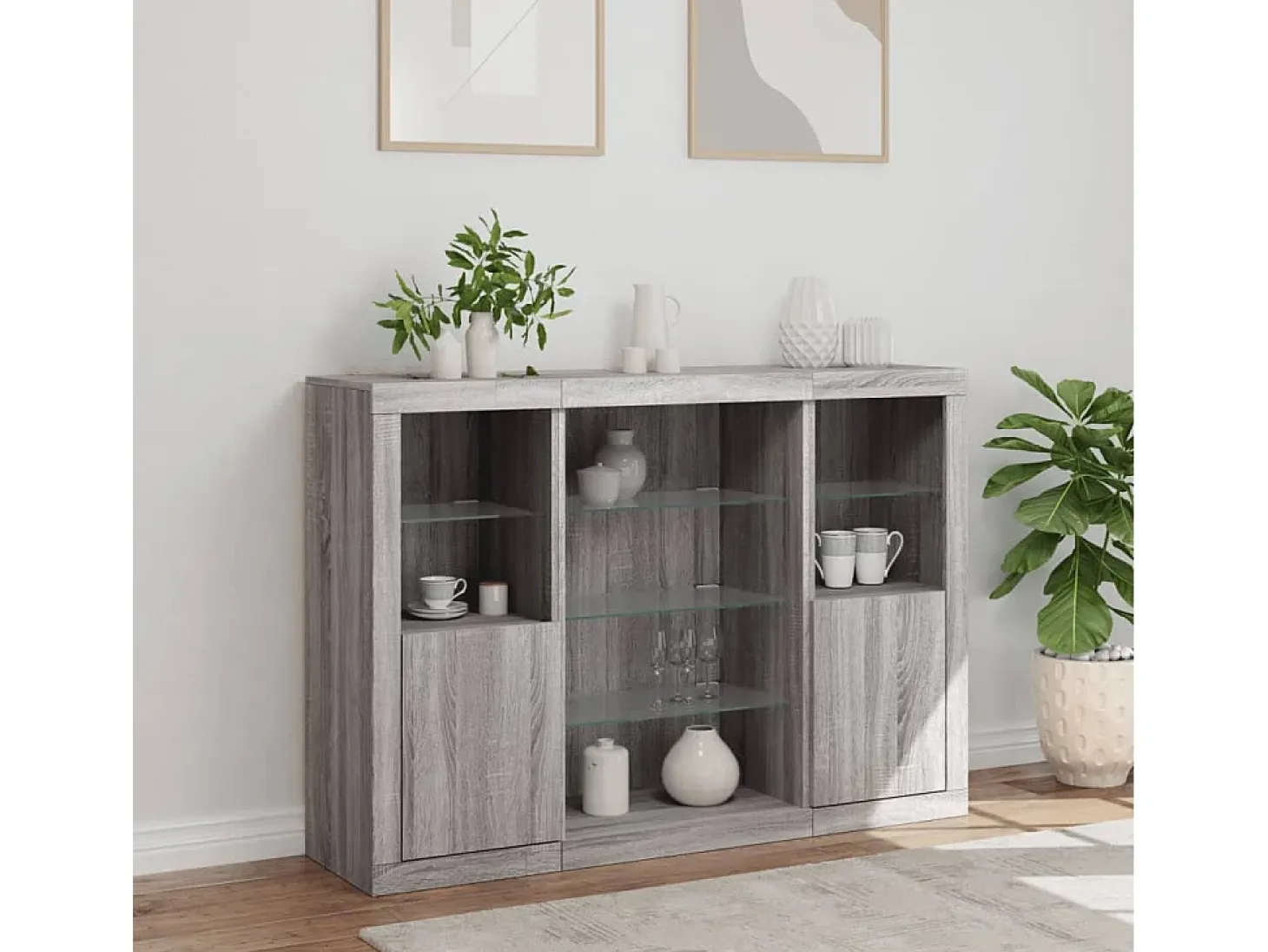 Aparador con luz LED 3 pzas madera de ingeniería gris Sonoma