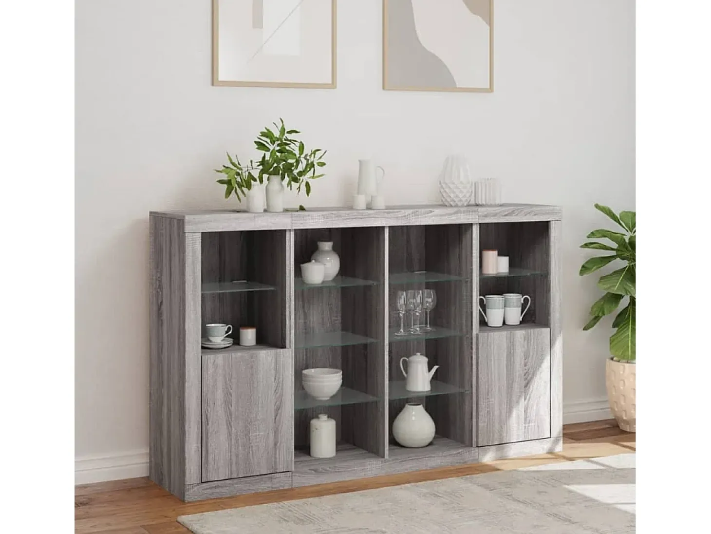 Aparador con luz LED 3 pzas madera de ingeniería gris Sonoma