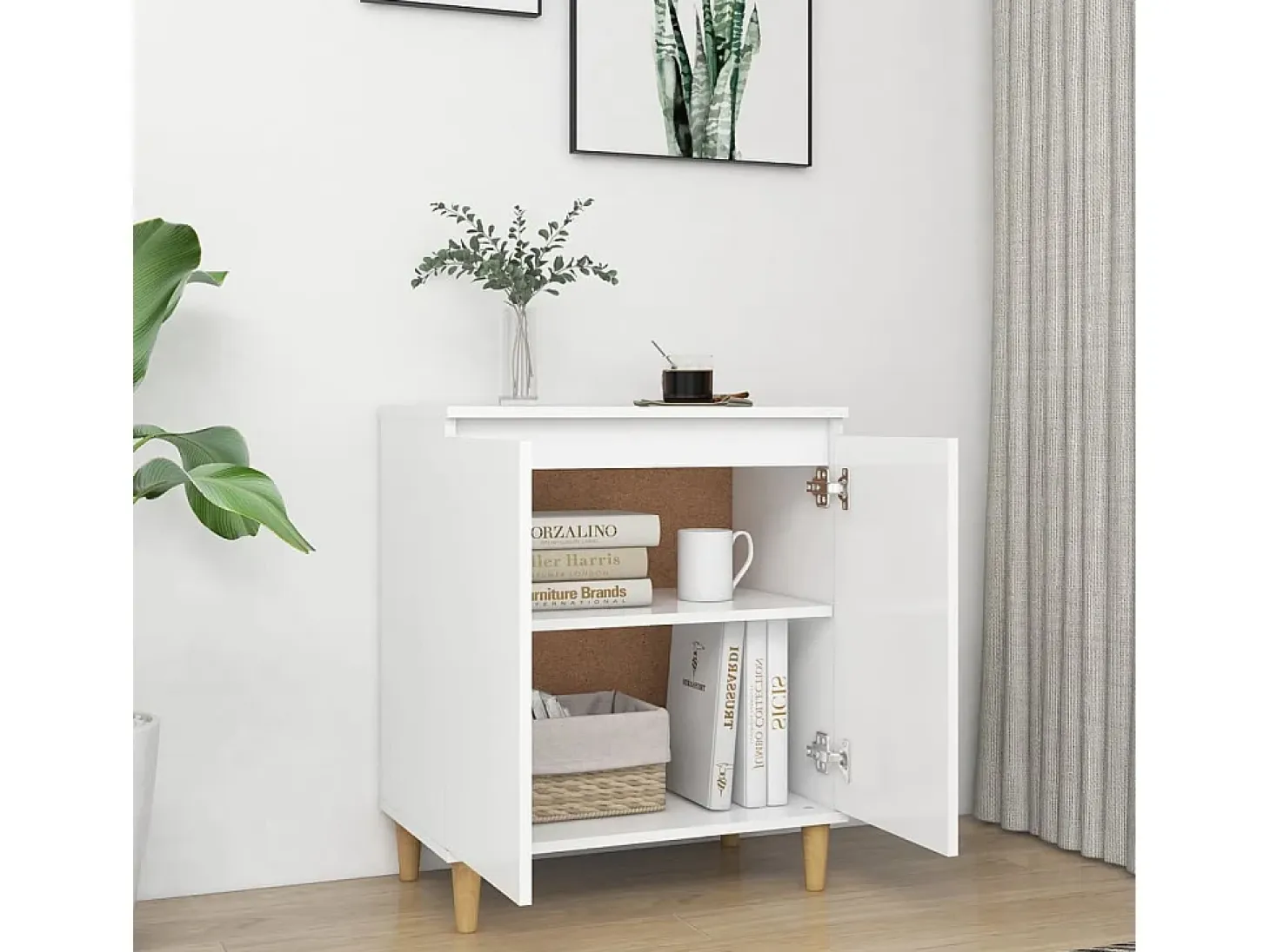 Aparador con patas de madera maciza en madera de ingeniería blanca