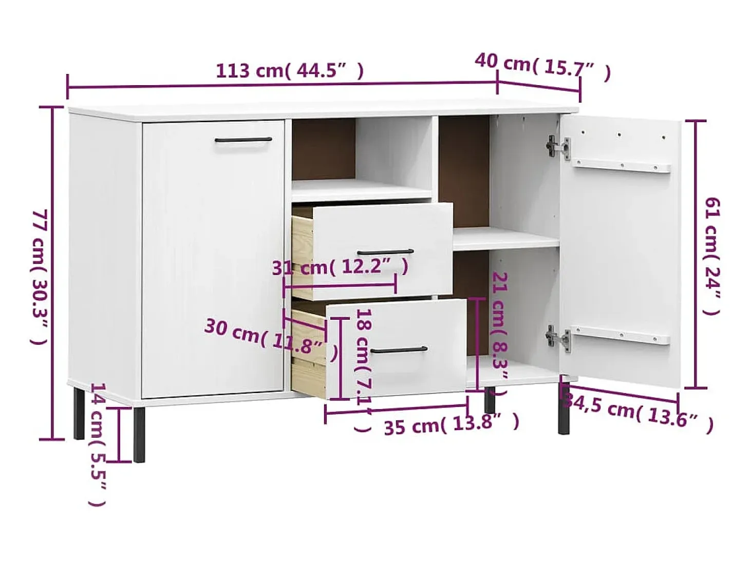 Aparador con patas metal OSLO madera maciza blanco 113x40x77 cm