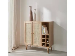 Aparador con portabotellas, mimbre y decoración de madera, 83cm