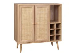 Aparador con portabotellas, mimbre y decoración de madera, 83cm