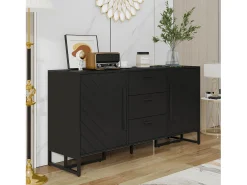 Aparador con puertas chevron, 2 puertas y 3 cajones, MDF, negro (145x40x75 cm)