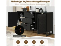 Aparador con puertas chevron, 2 puertas y 3 cajones, MDF, negro (145x40x75 cm)