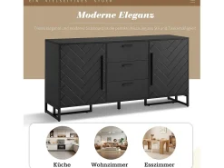 Aparador con puertas chevron, 2 puertas y 3 cajones, MDF, negro (145x40x75 cm)