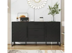 Aparador con puertas chevron, 2 puertas y 3 cajones, MDF, negro (145x40x75 cm)