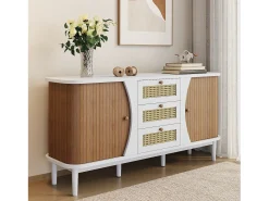 Aparador con puertas correderas y estantes regulables, MDF y aglomerado, blanco y madera (140,5x40x76cm)