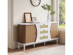 Aparador con puertas correderas y estantes regulables, MDF y aglomerado, blanco y madera (140,5x40x76cm)