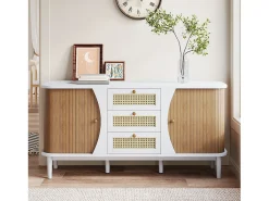 Aparador con puertas correderas y estantes regulables, MDF y aglomerado, blanco y madera (140,5x40x76cm)