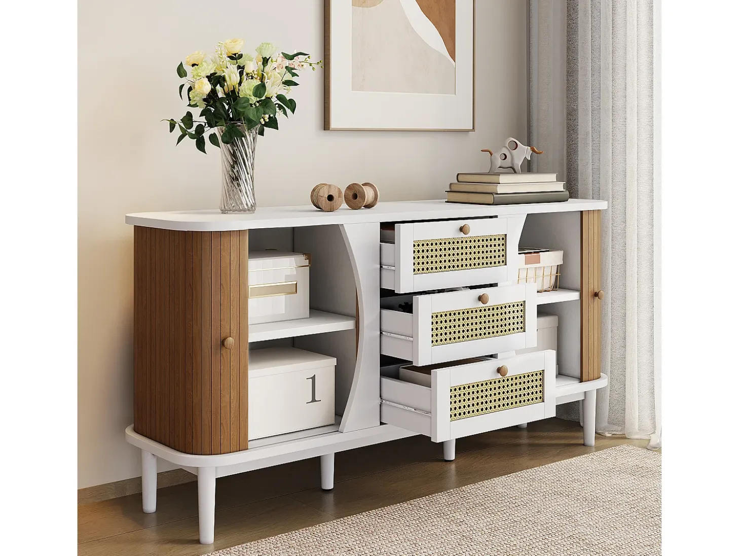 Aparador con puertas correderas y estantes regulables, MDF y aglomerado, blanco y madera (140,5x40x76cm)