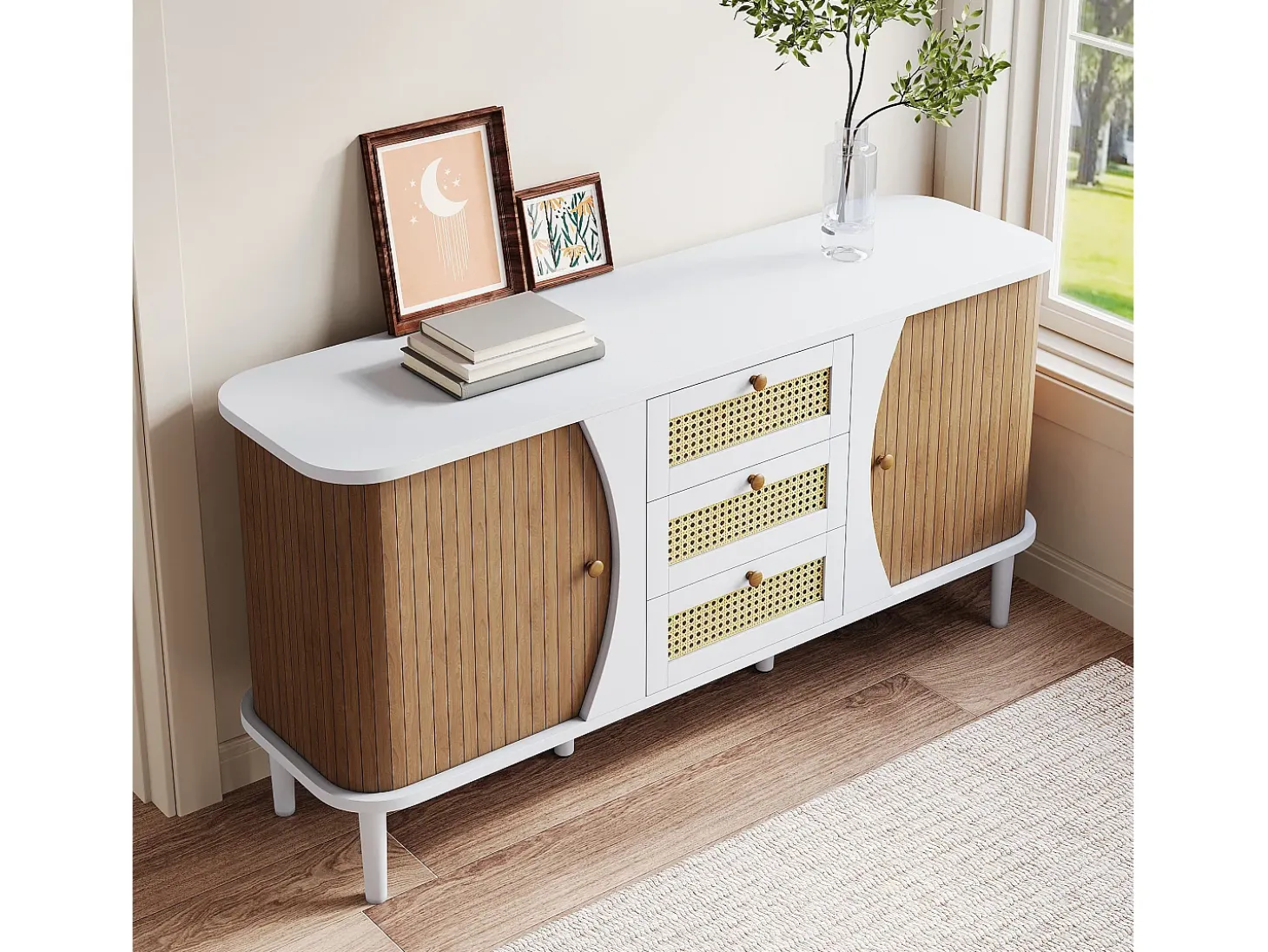 Aparador con puertas correderas y estantes regulables, MDF y aglomerado, blanco y madera (140,5x40x76cm)