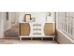 Aparador con puertas correderas y estantes regulables, MDF y aglomerado, blanco y madera (140,5x40x76cm)