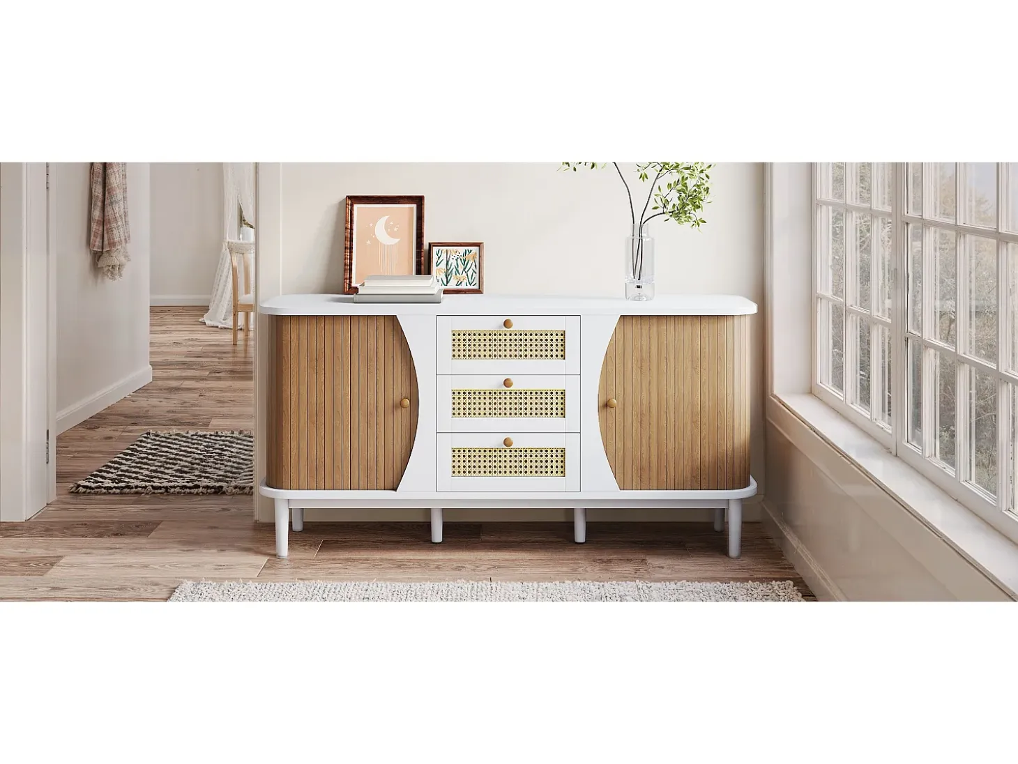 Aparador con puertas correderas y estantes regulables, MDF y aglomerado, blanco y madera (140,5x40x76cm)