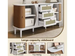 Aparador con puertas correderas y estantes regulables, MDF y aglomerado, blanco y madera (140,5x40x76cm)