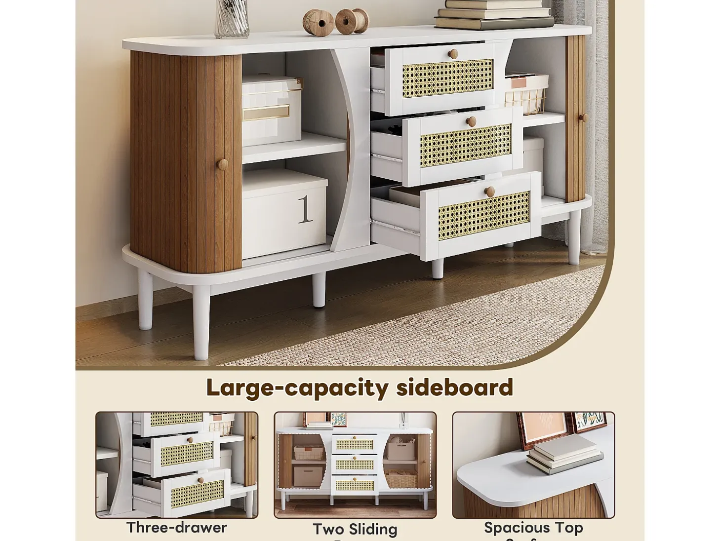 Aparador con puertas correderas y estantes regulables, MDF y aglomerado, blanco y madera (140,5x40x76cm)