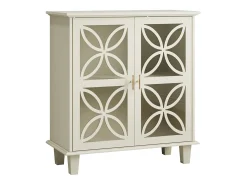 Aparador con puertas de cristal, mueble de almacenaje retro moderno, color crema.
