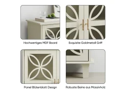 Aparador con puertas de cristal, mueble de almacenaje retro moderno, color crema.