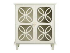 Aparador con puertas de cristal, mueble de almacenaje retro moderno, color crema.
