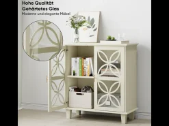 Aparador con puertas de cristal, mueble de almacenaje retro moderno, color crema.