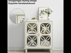 Aparador con puertas de cristal, mueble de almacenaje retro moderno, color crema.