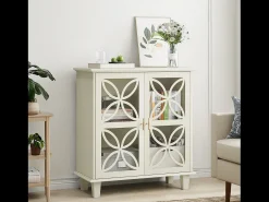 Aparador con puertas y cristal templado, MDF, color crema (80x38x87 cm)