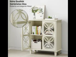 Aparador con puertas y cristal templado, MDF, color crema (80x38x87 cm)