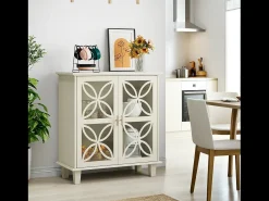 Aparador con puertas y cristal templado, MDF, color crema (80x38x87 cm)