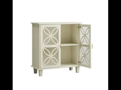 Aparador con puertas y cristal templado, MDF, color crema (80x38x87 cm)