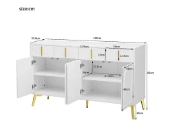 Aparador con tiradores y patas dorados, 4 puertas, 4 cajones, con laminado extraíble, adecuado para salón y comedor, 140*37,8*82 cm.
