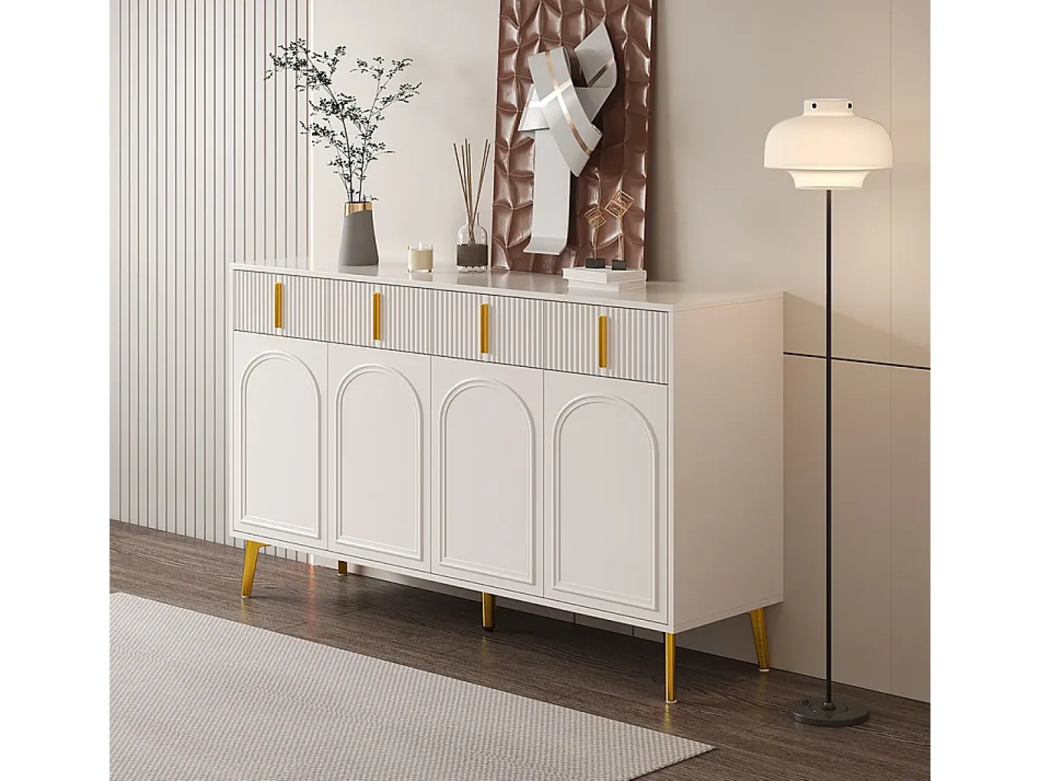 Aparador con tiradores y patas dorados, 4 puertas, 4 cajones, con laminado extraíble, adecuado para salón y comedor, 140*37,8*82 cm.