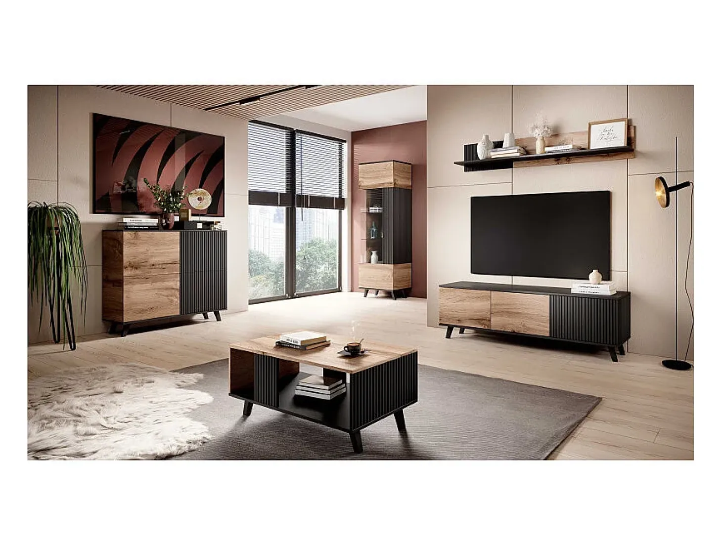 Aparador contemporáneo de 2 puertas de 100 cm en roble wotan y acabado PUMP negro