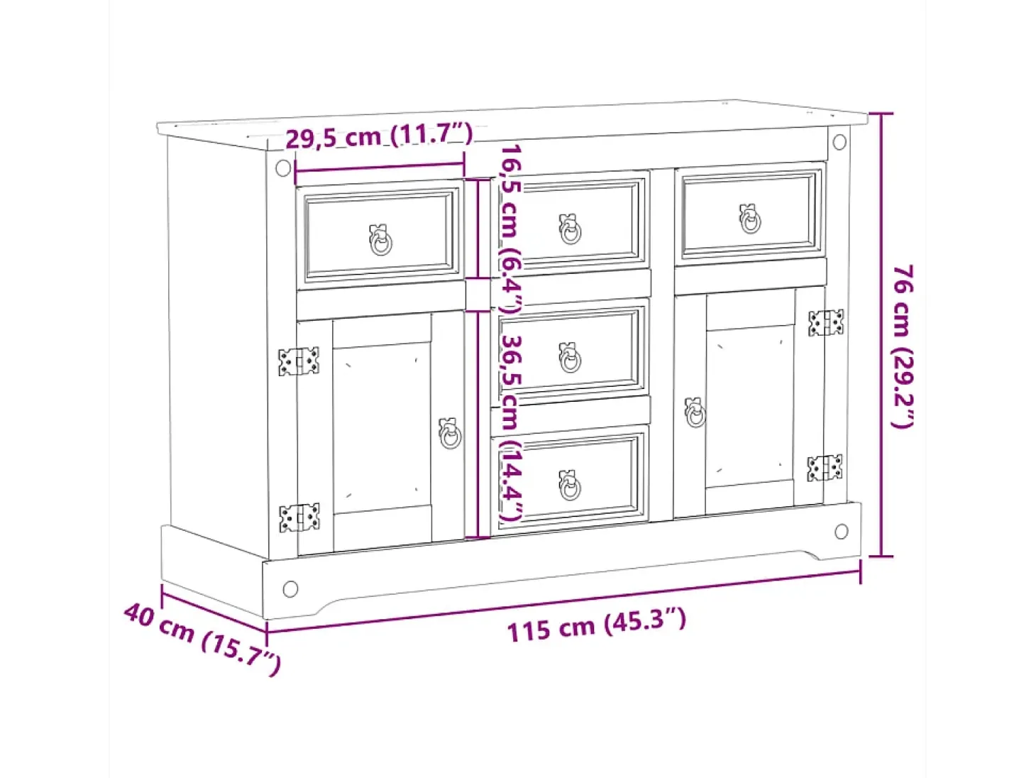 Aparador Corona madera maciza de pino 115x40x76 cm