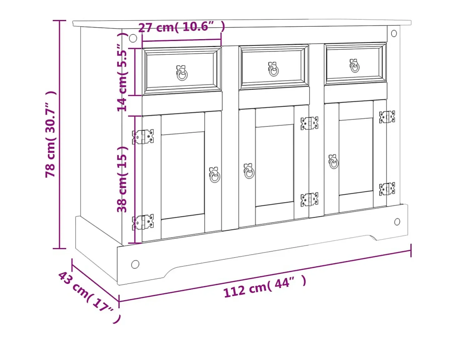 Aparador Corona madera maciza de pino marrón miel 112x43x78 cm