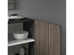 Aparador Coste con 2 puertas efecto cannetè, color antracita mate y madera oscura, 120 x 43 x 126 cm