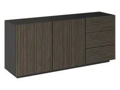 Aparador Coste con 2 puertas y 3 cajones, color antracita mate y madera oscura, 180 x 43 x 86 cm