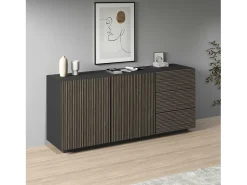 Aparador Coste con 2 puertas y 3 cajones, color antracita mate y madera oscura, 180 x 43 x 86 cm